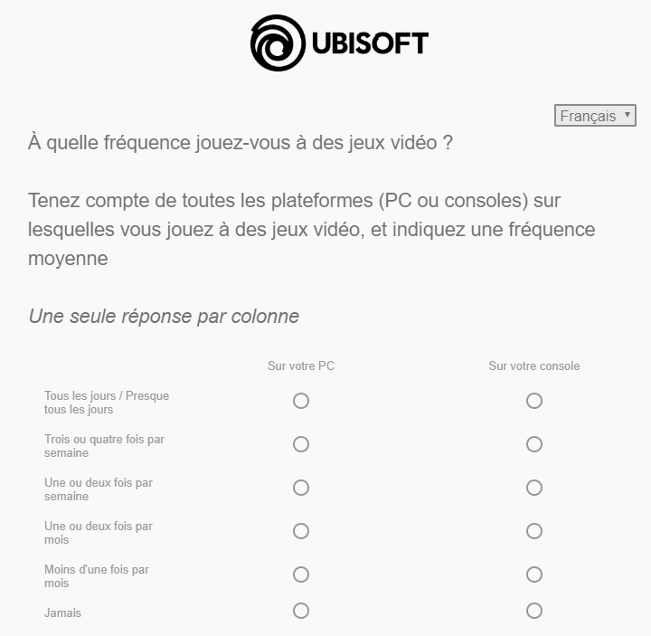 Question matrice d'Ubisoft sur la fréquence de jeu, présentée à l'envers : les fréquences, de « Tous les jours » à « Jamais », sont en lignes, et les plateformes « Sur votre PC » et « Sur votre console » en colonnes