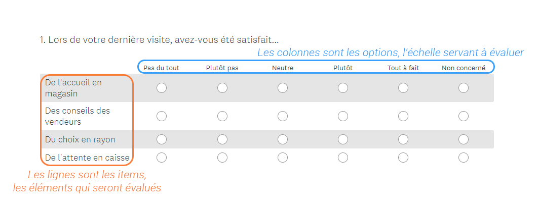 Question matrice annotée : « Lors de votre dernière visite, avez-vous été satisfait… » de l'accueil, des conseils, du choix en rayon et de l'attente en caisse. Les lignes sont les items évalués, les colonnes sont les options de l'échelle, de « Pas du tout » à « Tout à fait », plus « Non concerné »