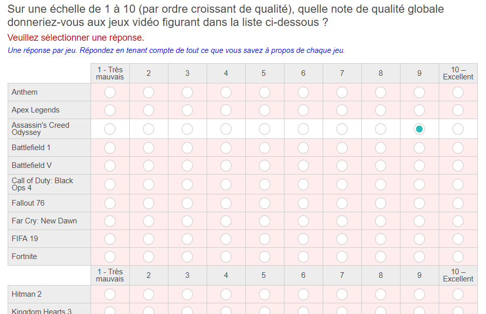 Question matrice d'Electronic Arts demandant de noter de 1 à 10 la qualité de chaque jeu vidéo d'une longue liste, avec le message « Veuillez sélectionner une réponse » : il faut noter chaque jeu, y compris ceux dont on a seulement entendu parler